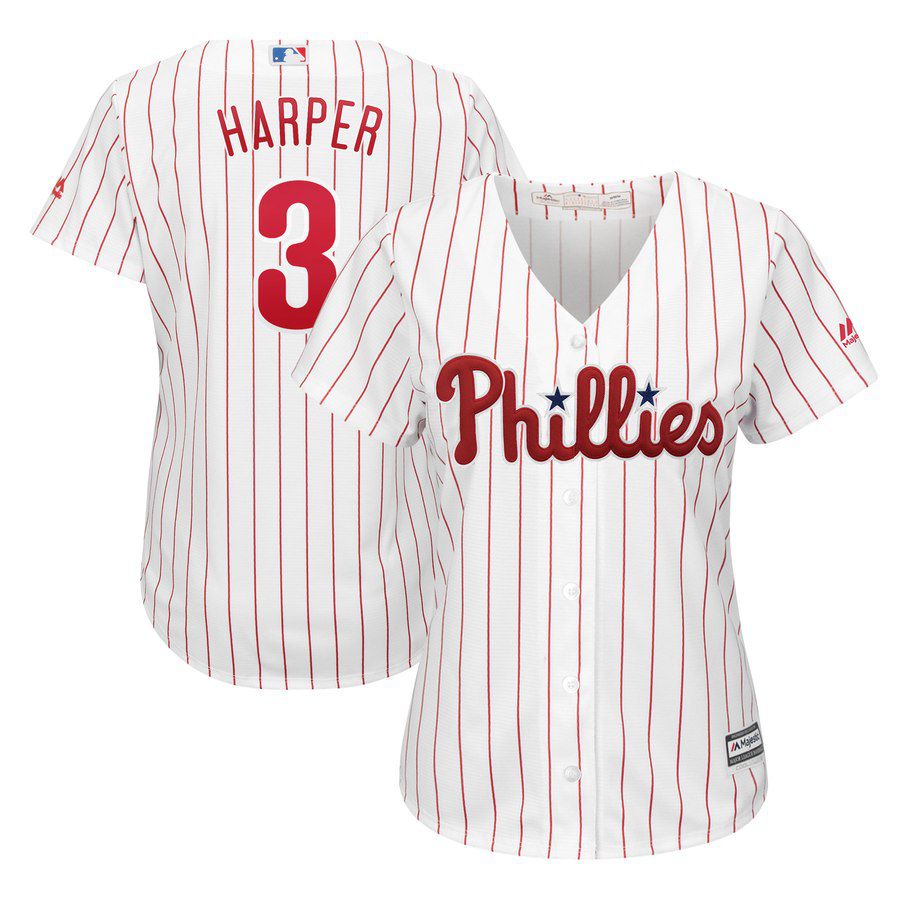 2019 MLB women Philadelphia Phillies #3 Bryce Harper white red strips Jerseys->philadelphia phillies->MLB Jersey